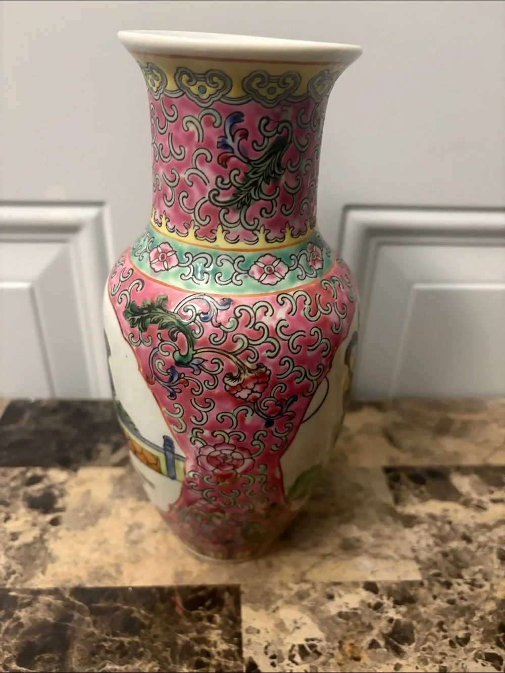 Vintage Porcelain Decorative Vase in Pink and Green
